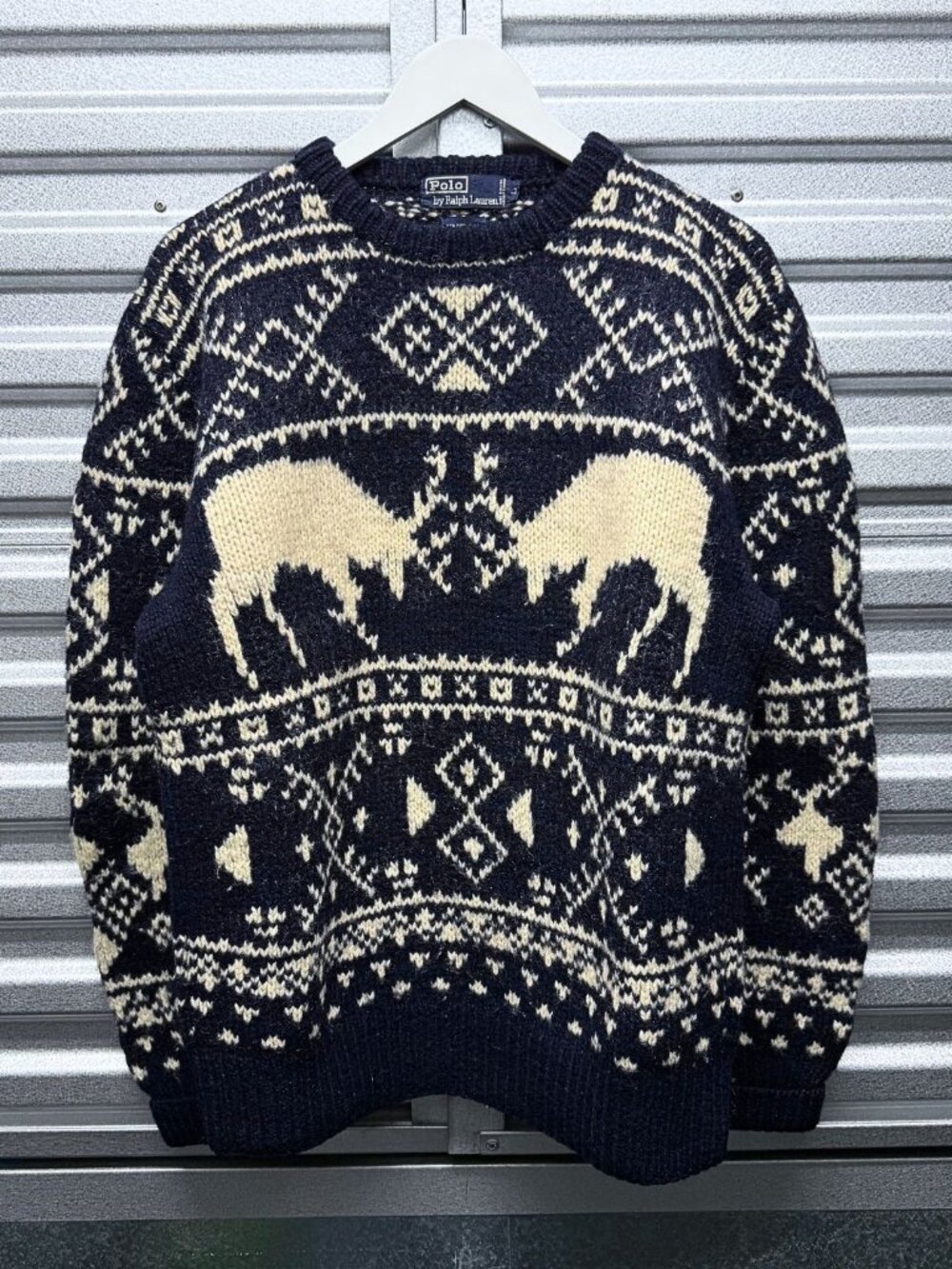 VINTAGE POLO RALPH LAUREN 1990s NAVY WHITE SWEATER HAND-KNIT MOOSE FAIR ISLE